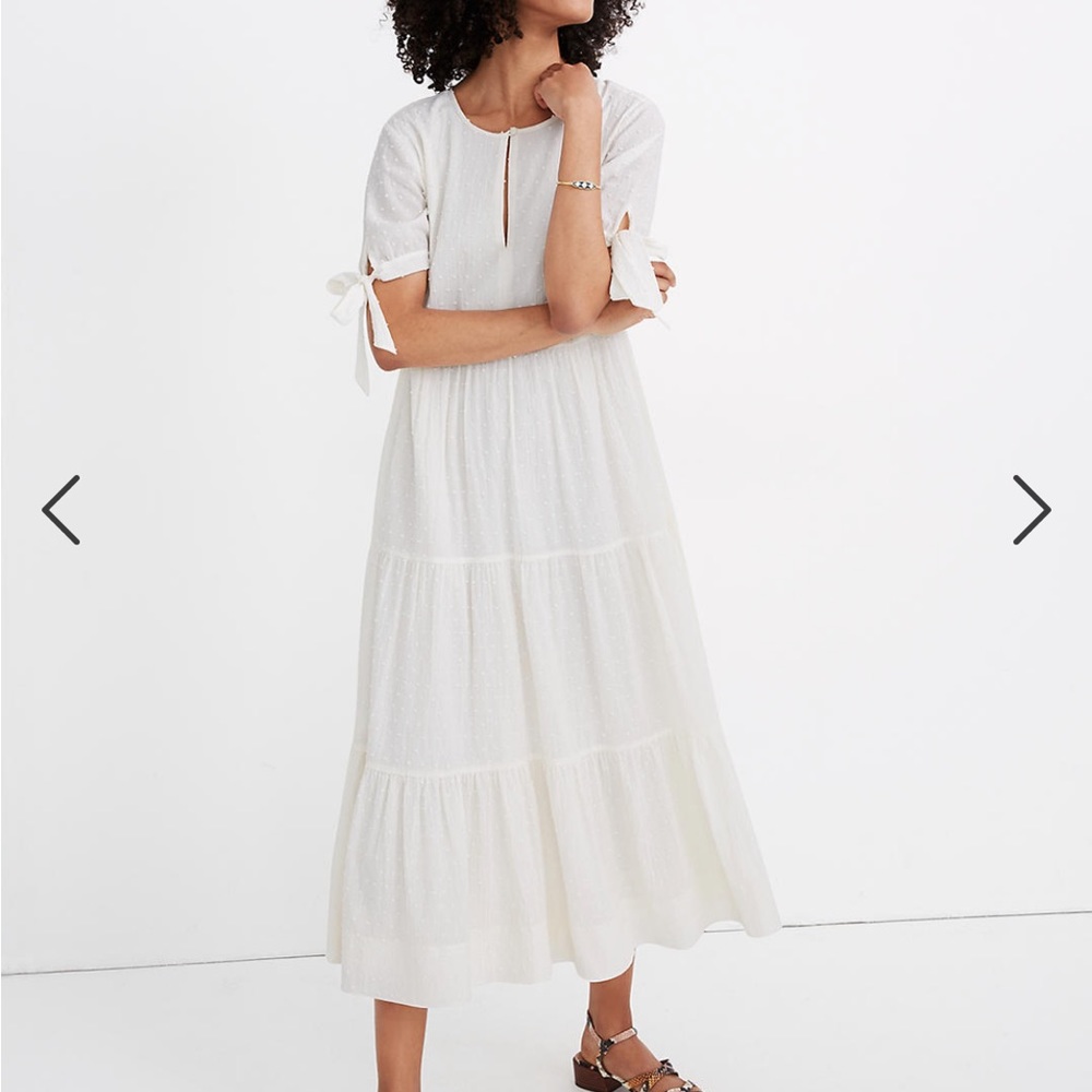 NWOT Madewell Tie Sleeve Tiered Midi Dress in Swiss Dot, Lighthouse, XXS